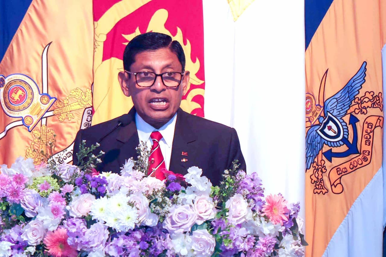 Major General (Retd) Milinda Peiris at the podium during his address at the launch of Beyond Rank.